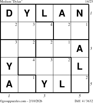 The grouppuzzles.com Medium Dylan puzzle for Tuesday February 10, 2026, suitable for printing, with all 4 steps marked