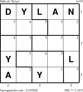 The grouppuzzles.com Difficult Dylan puzzle for Tuesday February 10, 2026, suitable for printing, with all 5 steps marked