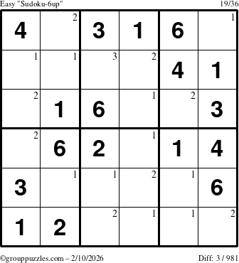 The grouppuzzles.com Easy Sudoku-6up puzzle for Tuesday February 10, 2026 with the first 3 steps marked