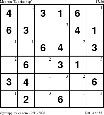 The grouppuzzles.com Medium Sudoku-6up puzzle for Tuesday February 10, 2026 with the first 3 steps marked