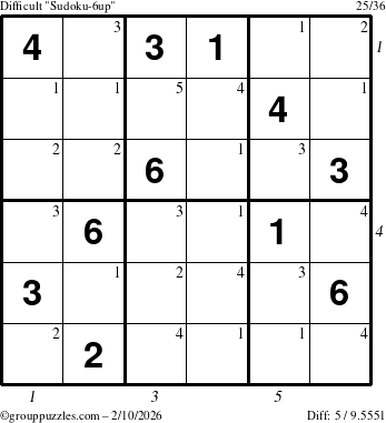 The grouppuzzles.com Difficult Sudoku-6up puzzle for Tuesday February 10, 2026, suitable for printing, with all 5 steps marked