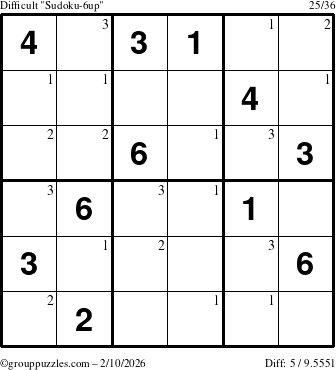 The grouppuzzles.com Difficult Sudoku-6up puzzle for Tuesday February 10, 2026 with the first 3 steps marked