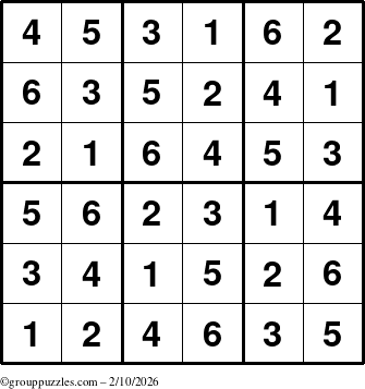 The grouppuzzles.com Answer grid for the Sudoku-6up puzzle for Tuesday February 10, 2026