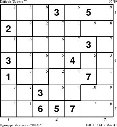 The grouppuzzles.com Difficult Sudoku-7 puzzle for Tuesday February 10, 2026 with all 10 steps marked