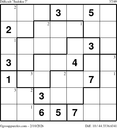 The grouppuzzles.com Difficult Sudoku-7 puzzle for Tuesday February 10, 2026 with the first 3 steps marked