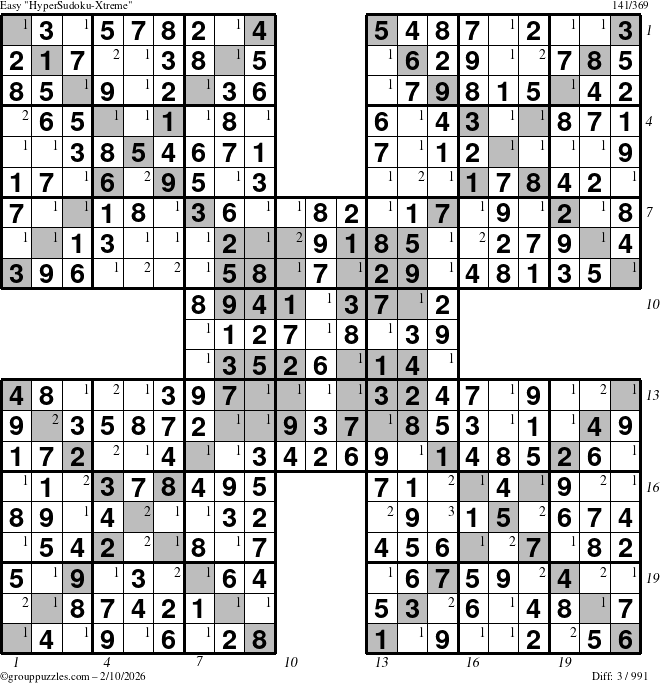 The grouppuzzles.com Easy HyperSudoku-Xtreme puzzle for Tuesday February 10, 2026 with all 3 steps marked