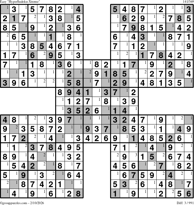 The grouppuzzles.com Easy HyperSudoku-Xtreme puzzle for Tuesday February 10, 2026 with the first 3 steps marked