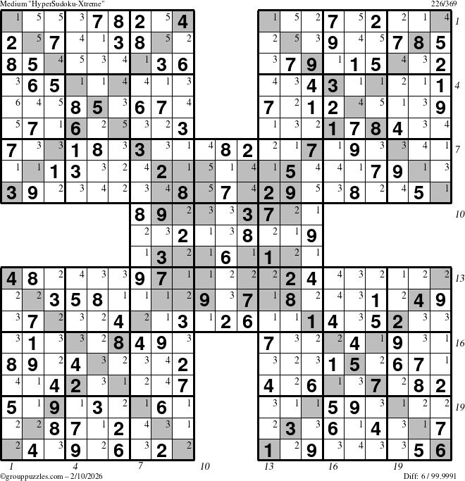 The grouppuzzles.com Medium HyperSudoku-Xtreme puzzle for Tuesday February 10, 2026 with all 6 steps marked