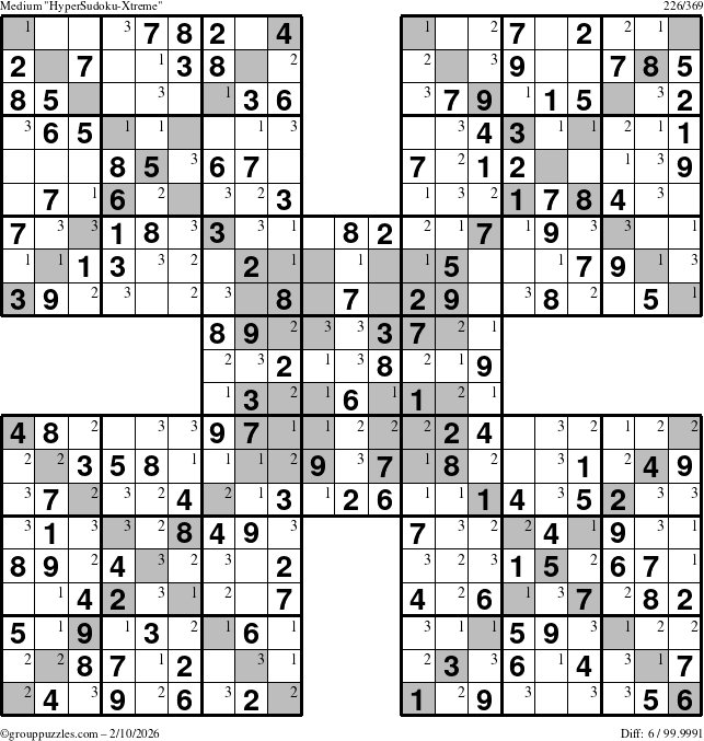 The grouppuzzles.com Medium HyperSudoku-Xtreme puzzle for Tuesday February 10, 2026 with the first 3 steps marked
