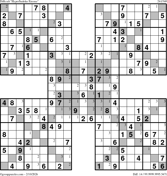 The grouppuzzles.com Difficult HyperSudoku-Xtreme puzzle for Tuesday February 10, 2026 with the first 3 steps marked