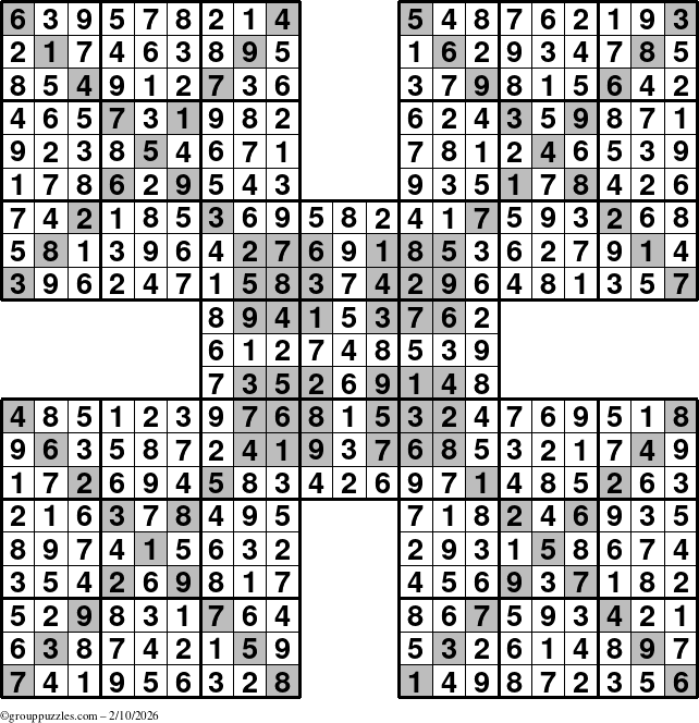 The grouppuzzles.com Answer grid for the HyperSudoku-Xtreme puzzle for Tuesday February 10, 2026