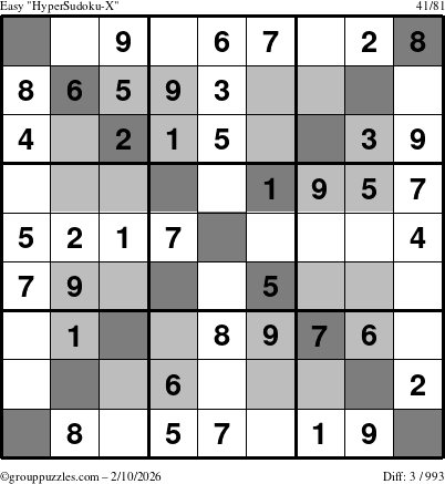 The grouppuzzles.com Easy HyperSudoku-X puzzle for Tuesday February 10, 2026