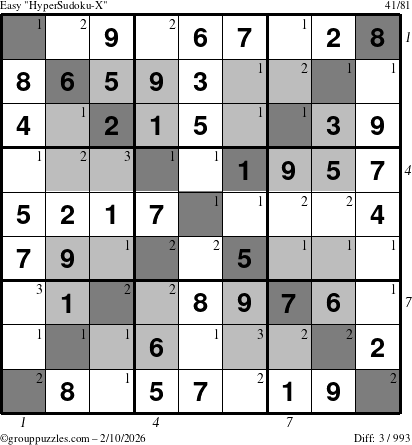 The grouppuzzles.com Easy HyperSudoku-X puzzle for Tuesday February 10, 2026, suitable for printing, with all 3 steps marked