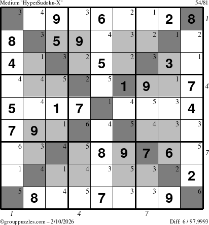 The grouppuzzles.com Medium HyperSudoku-X puzzle for Tuesday February 10, 2026 with all 6 steps marked