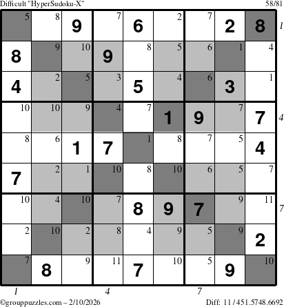 The grouppuzzles.com Difficult HyperSudoku-X puzzle for Tuesday February 10, 2026, suitable for printing, with all 11 steps marked