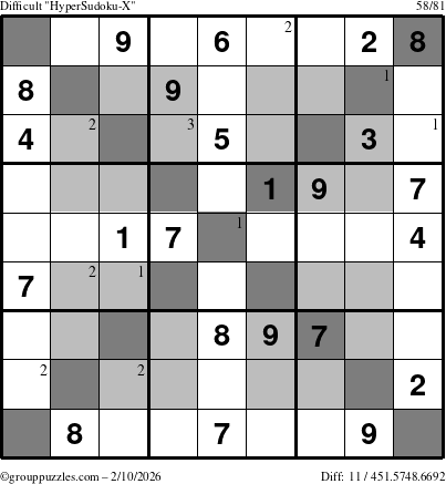 The grouppuzzles.com Difficult HyperSudoku-X puzzle for Tuesday February 10, 2026 with the first 3 steps marked