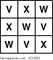 The grouppuzzles.com Answer grid for the TicTac-VWX puzzle for Wednesday April 3, 2024