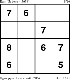 The grouppuzzles.com Easy Sudoku-4-5678 puzzle for Wednesday April 3, 2024