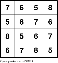 The grouppuzzles.com Answer grid for the Sudoku-4-5678 puzzle for Wednesday April 3, 2024