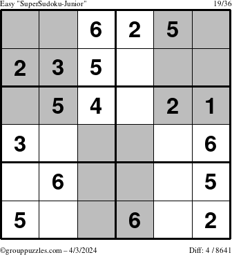 The grouppuzzles.com Easy SuperSudoku-Junior puzzle for Wednesday April 3, 2024