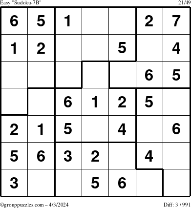 The grouppuzzles.com Easy Sudoku-7B puzzle for Wednesday April 3, 2024