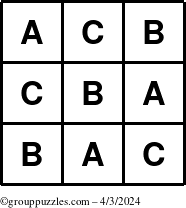 The grouppuzzles.com Answer grid for the TicTac-ABC puzzle for Wednesday April 3, 2024