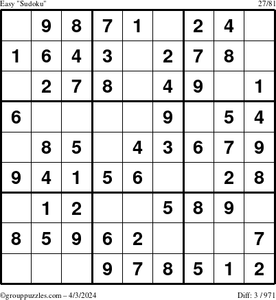The grouppuzzles.com Easy Sudoku puzzle for Wednesday April 3, 2024