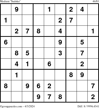 The grouppuzzles.com Medium Sudoku puzzle for Wednesday April 3, 2024