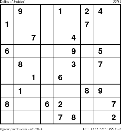 The grouppuzzles.com Difficult Sudoku puzzle for Wednesday April 3, 2024