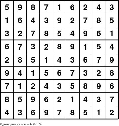 The grouppuzzles.com Answer grid for the Sudoku puzzle for Wednesday April 3, 2024