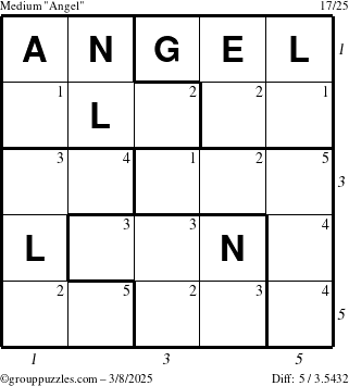 The grouppuzzles.com Medium Angel puzzle for Saturday March 8, 2025, suitable for printing, with all 5 steps marked