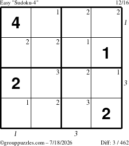 The grouppuzzles.com Easy Sudoku-4 puzzle for Saturday July 18, 2026, suitable for printing, with all 3 steps marked