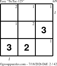 The grouppuzzles.com Easy TicTac-123 puzzle for Saturday July 18, 2026 with all 2 steps marked