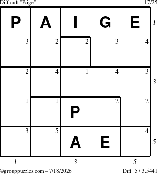 The grouppuzzles.com Difficult Paige puzzle for Saturday July 18, 2026 with all 5 steps marked