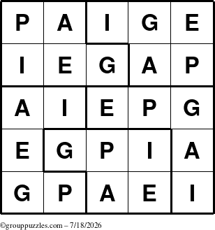 The grouppuzzles.com Answer grid for the Paige puzzle for Saturday July 18, 2026