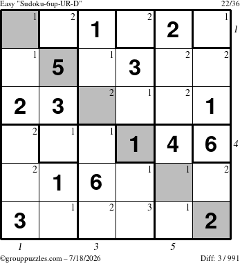 The grouppuzzles.com Easy Sudoku-6up-UR-D puzzle for Saturday July 18, 2026 with all 3 steps marked
