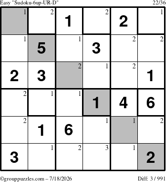 The grouppuzzles.com Easy Sudoku-6up-UR-D puzzle for Saturday July 18, 2026 with the first 3 steps marked