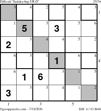 The grouppuzzles.com Difficult Sudoku-6up-UR-D puzzle for Saturday July 18, 2026 with all 6 steps marked