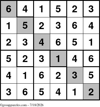 The grouppuzzles.com Answer grid for the Sudoku-6up-UR-D puzzle for Saturday July 18, 2026