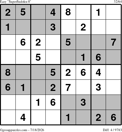 The grouppuzzles.com Easy SuperSudoku-8 puzzle for Saturday July 18, 2026