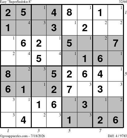 The grouppuzzles.com Easy SuperSudoku-8 puzzle for Saturday July 18, 2026, suitable for printing, with all 4 steps marked