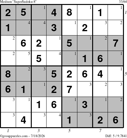 The grouppuzzles.com Medium SuperSudoku-8 puzzle for Saturday July 18, 2026 with all 5 steps marked