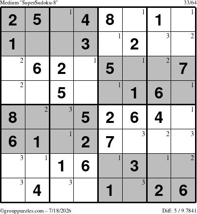 The grouppuzzles.com Medium SuperSudoku-8 puzzle for Saturday July 18, 2026 with the first 3 steps marked