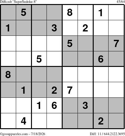 The grouppuzzles.com Difficult SuperSudoku-8 puzzle for Saturday July 18, 2026