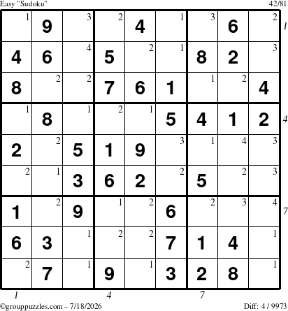 The grouppuzzles.com Easy Sudoku puzzle for Saturday July 18, 2026 with all 4 steps marked