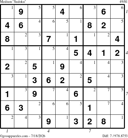 The grouppuzzles.com Medium Sudoku puzzle for Saturday July 18, 2026, suitable for printing, with all 7 steps marked