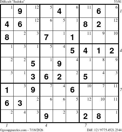 The grouppuzzles.com Difficult Sudoku puzzle for Saturday July 18, 2026 with all 12 steps marked