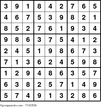 The grouppuzzles.com Answer grid for the Sudoku puzzle for Saturday July 18, 2026