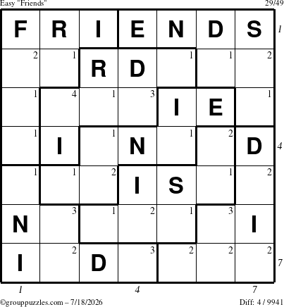 The grouppuzzles.com Easy Friends puzzle for Saturday July 18, 2026 with all 4 steps marked