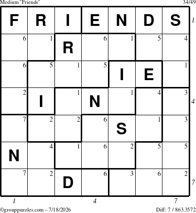 The grouppuzzles.com Medium Friends puzzle for Saturday July 18, 2026, suitable for printing, with all 7 steps marked